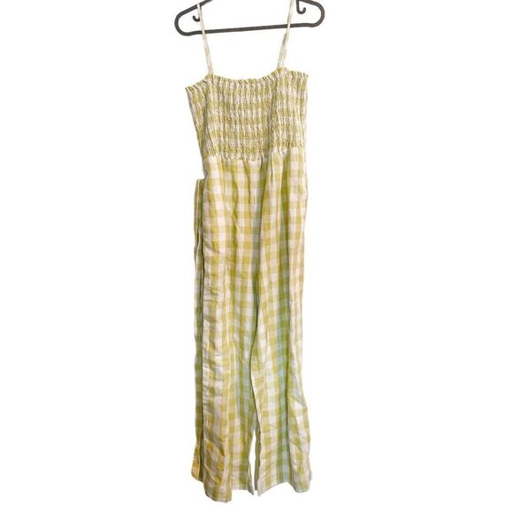 House Of Harlow Linen Gingham Smocked Jumpsuit Lime Green - Picture 5 of 8